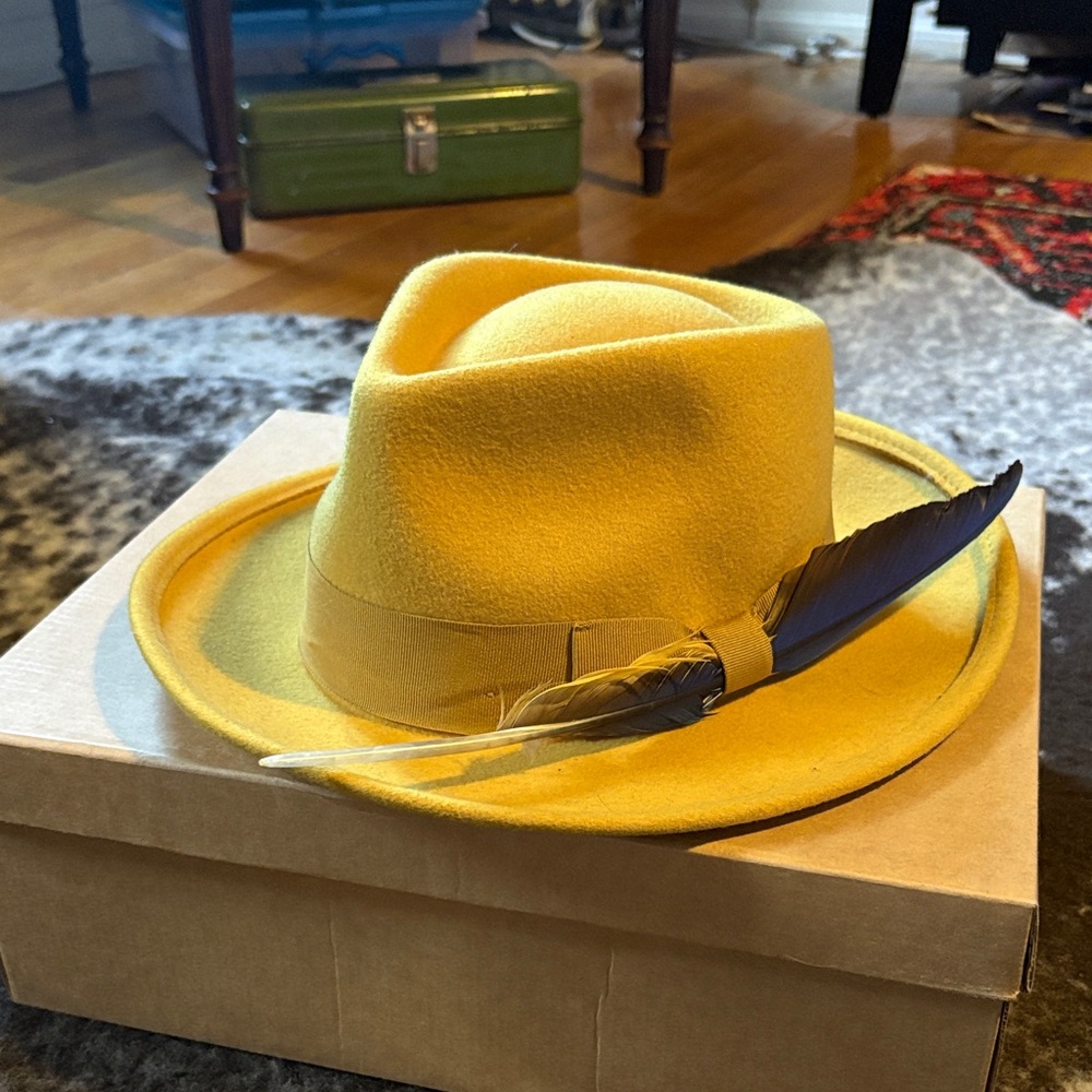 Yellow Fedora Hat with Feather